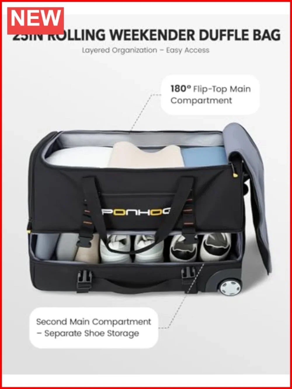 25 Inch Rolling Duffle Bag with Wheels, Water Resistant Travel Duffel